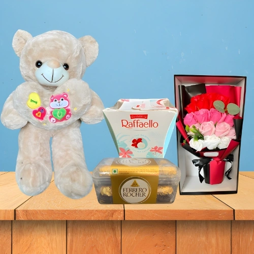 Eternal Romance Gift Box with Mixed Roses, Premium Chocolates & Korean Brown Teddy Bear