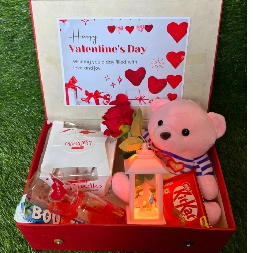 Forever Yours Romantic Gift Set with Teddy, Chocolates, Love Meter, Rose & Love Showpiece