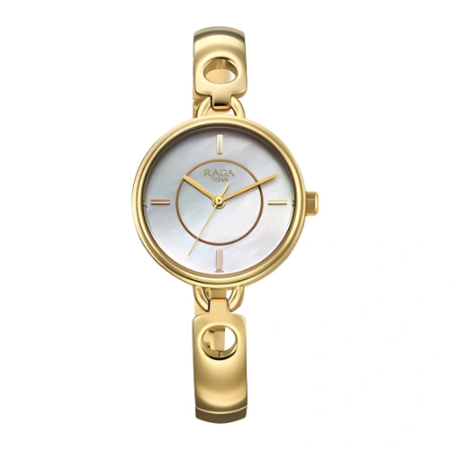 Titan Raga White Mother of Pearl Dial Gold Metal Strap Analog Watch for Women with a chic bracelet band- 2774YM01