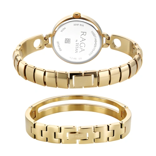 Titan Raga White Mother of Pearl Dial Gold Metal Strap Analog Watch for Women with a chic bracelet band- 2774YM01