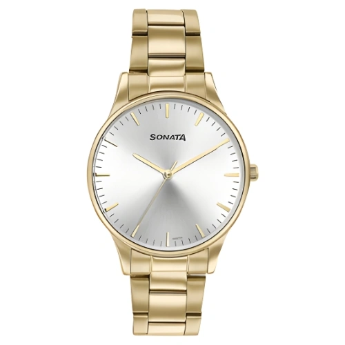 Sonata Quartz Analog Silver Dial Golden Stainless Steel Strap Watch For Men- 77144YM02