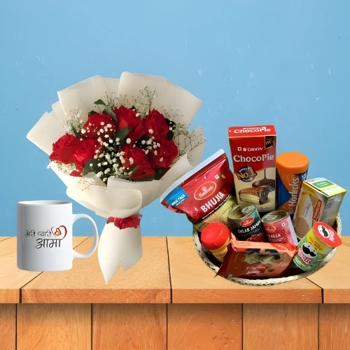 Cherished Mom Gift Set: Red Roses, Tasty Edibles, and Elegant Mug