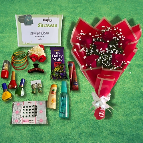 Celebrate Shrawan Combo with Red Rose Bouquet